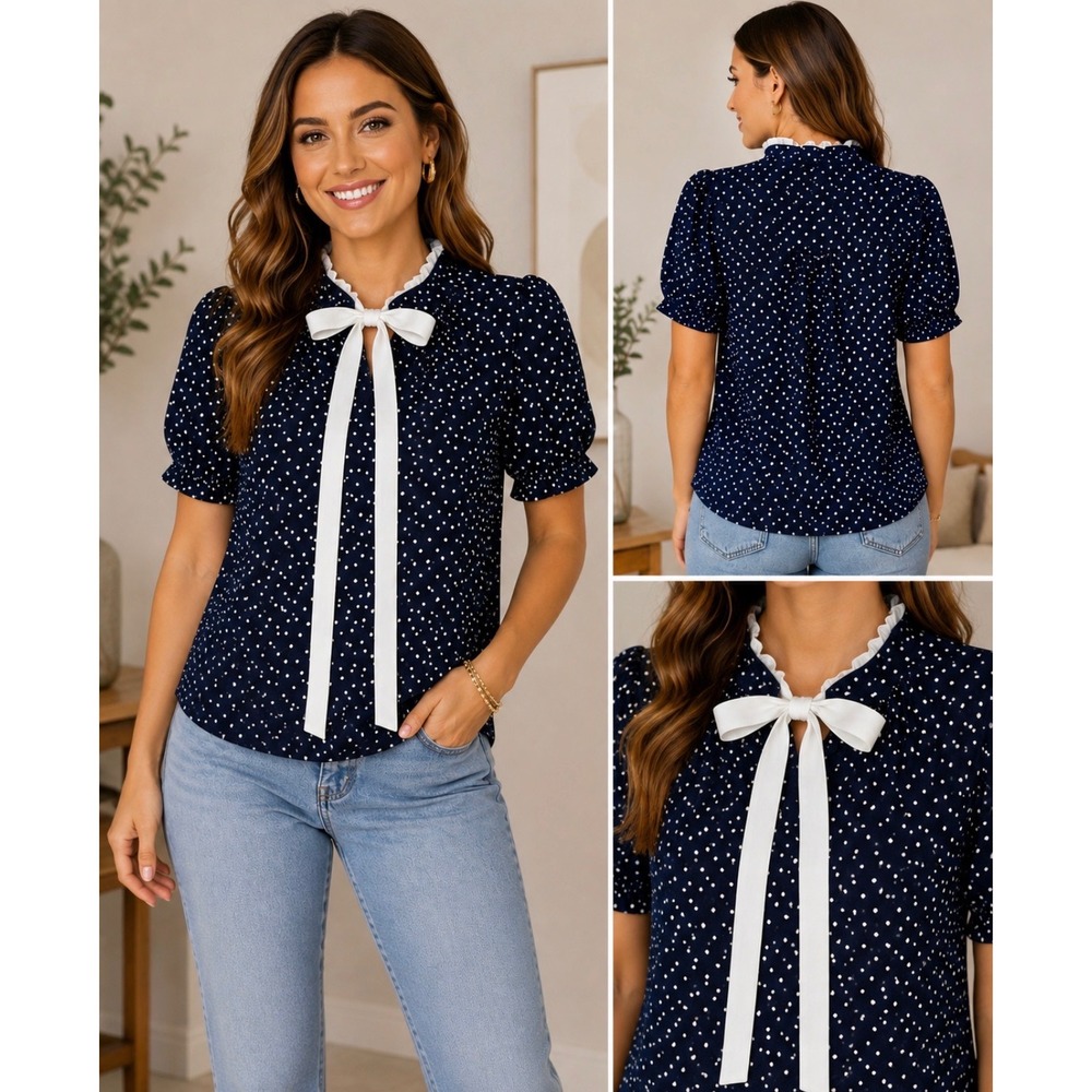 Flower & Feather Navy Polka Dot Ruffle Tie Neck Blouse Size Small